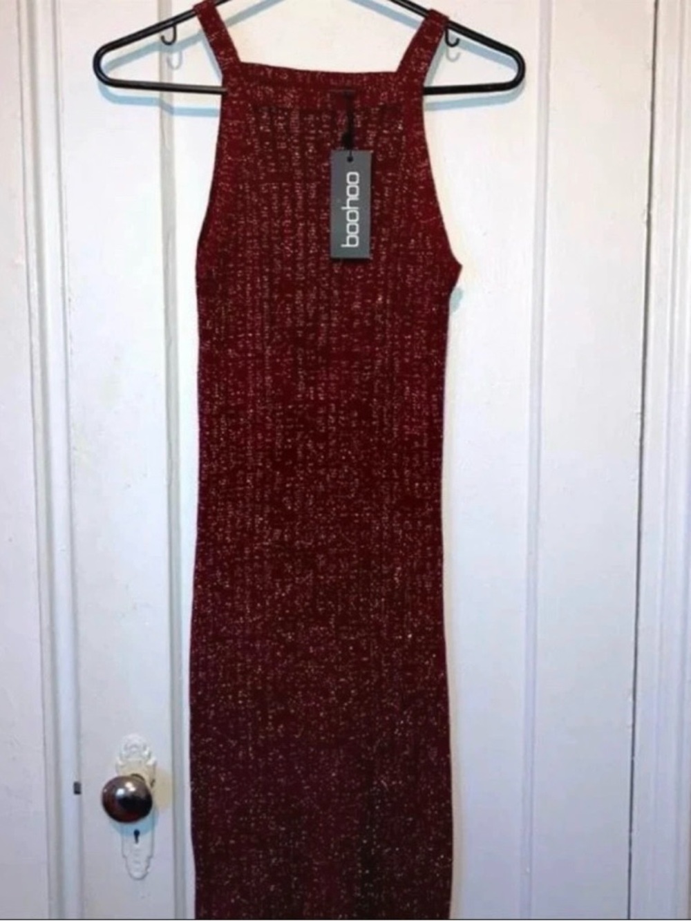 Boohoo Burgundy Metallic Ribbed Midi Dress